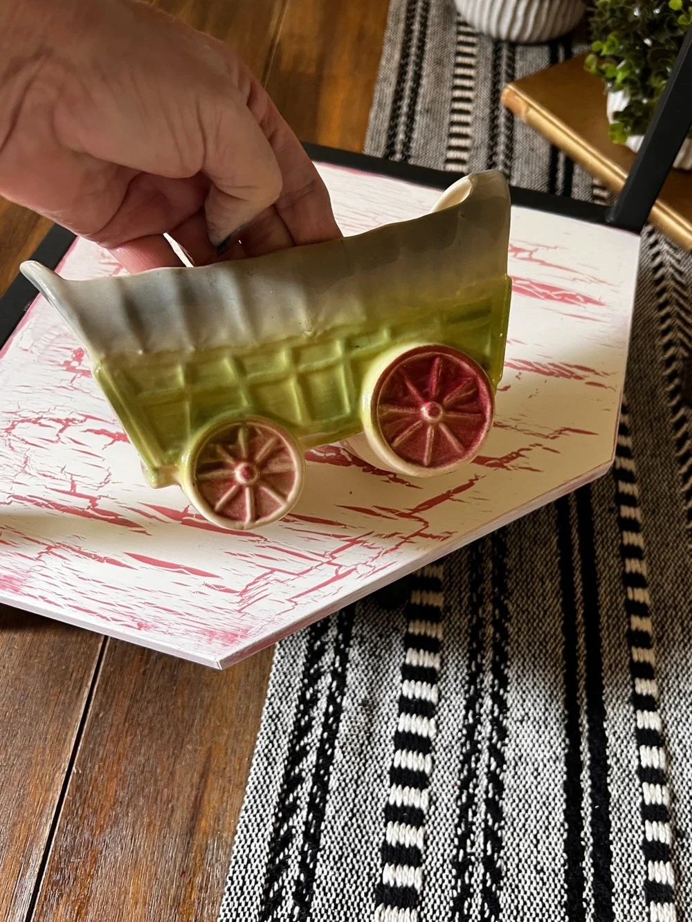 Vintage Ceramic Wagon Planter Cottagecore Farmhouse Succulent Planter